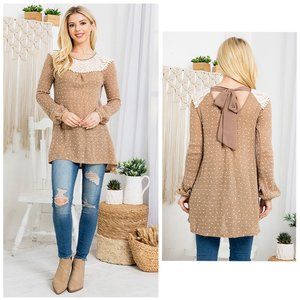 Victorian Pom Pom trim Embroidery Lace Faux Silk Tie Back Sweater Tunic Top 2895